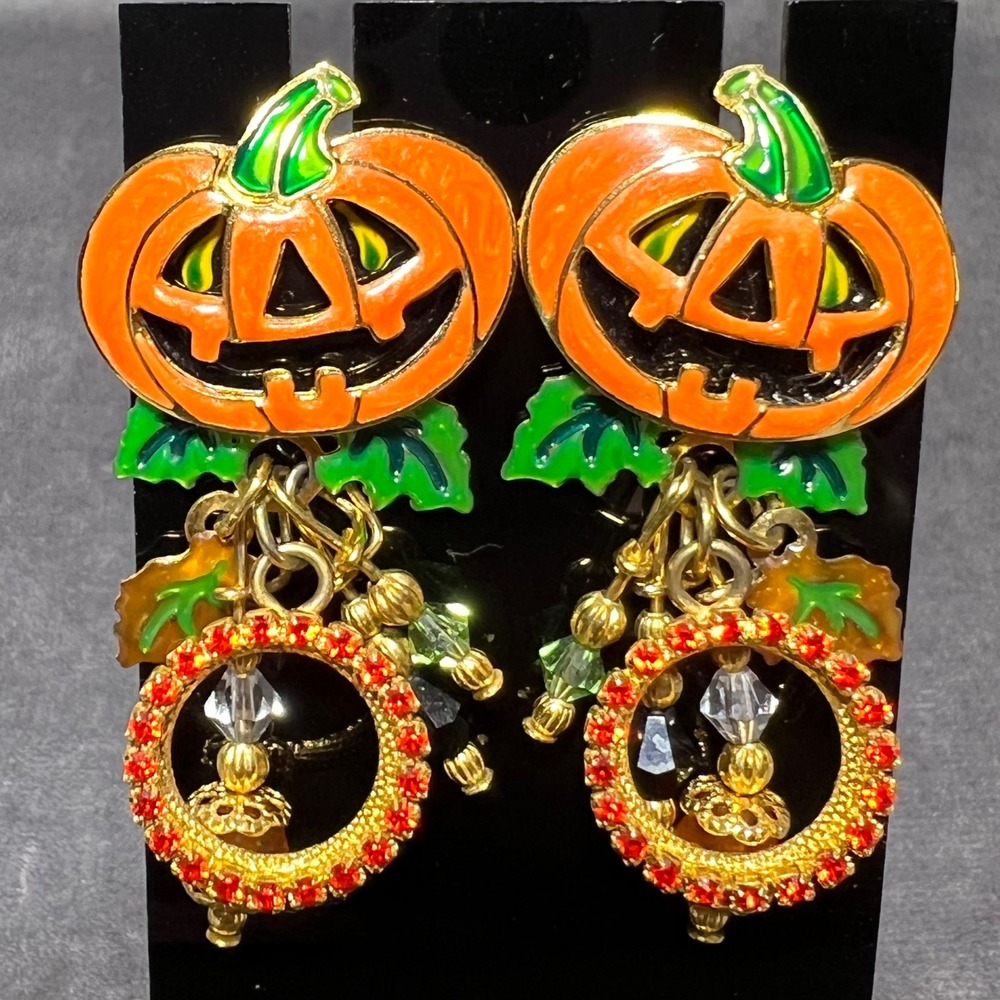 Vintage Lunch at the Ritz Halloween Pumpkin Jack-O-Lantern Enamel Earrings